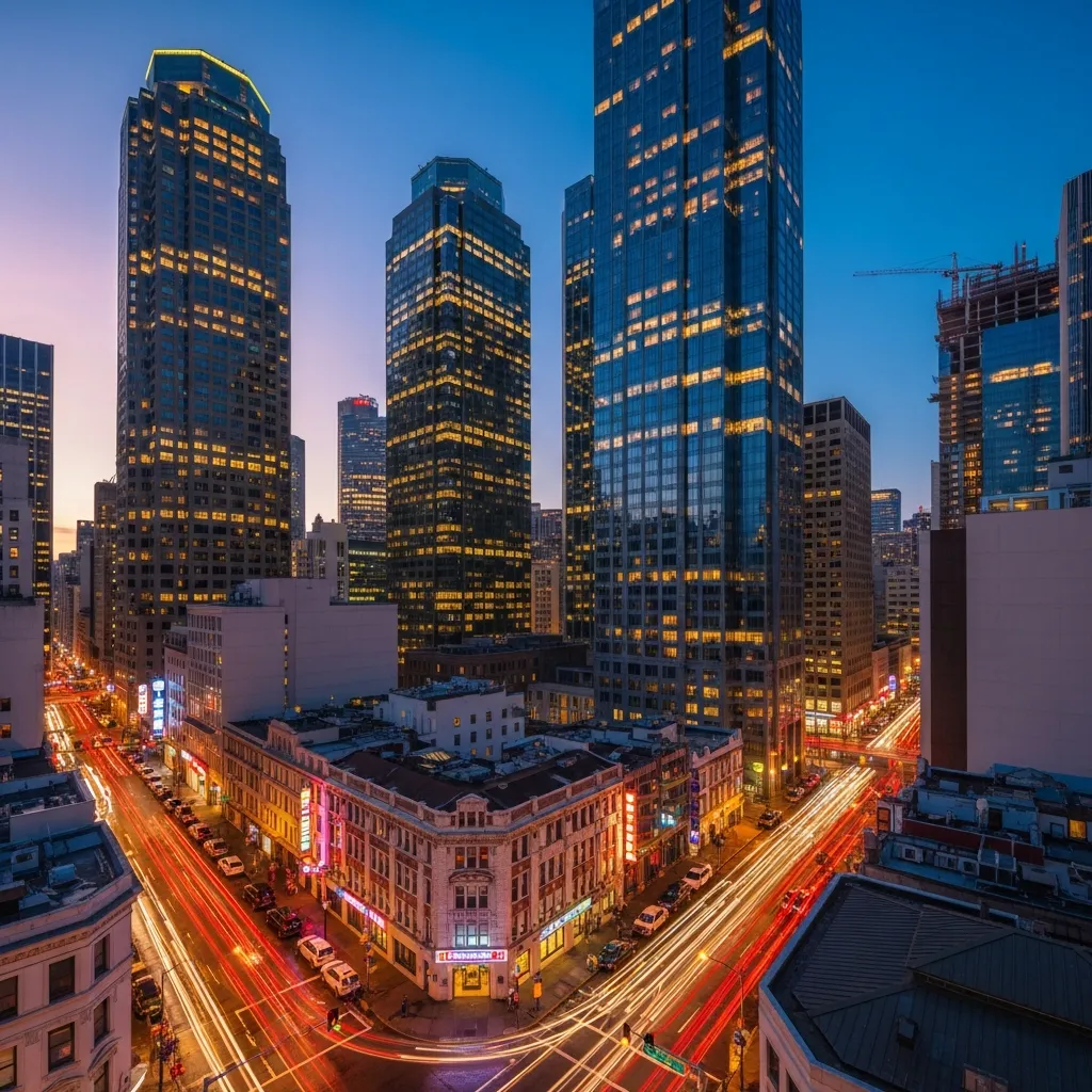Urban cityscape with dynamic lighting and architectural details